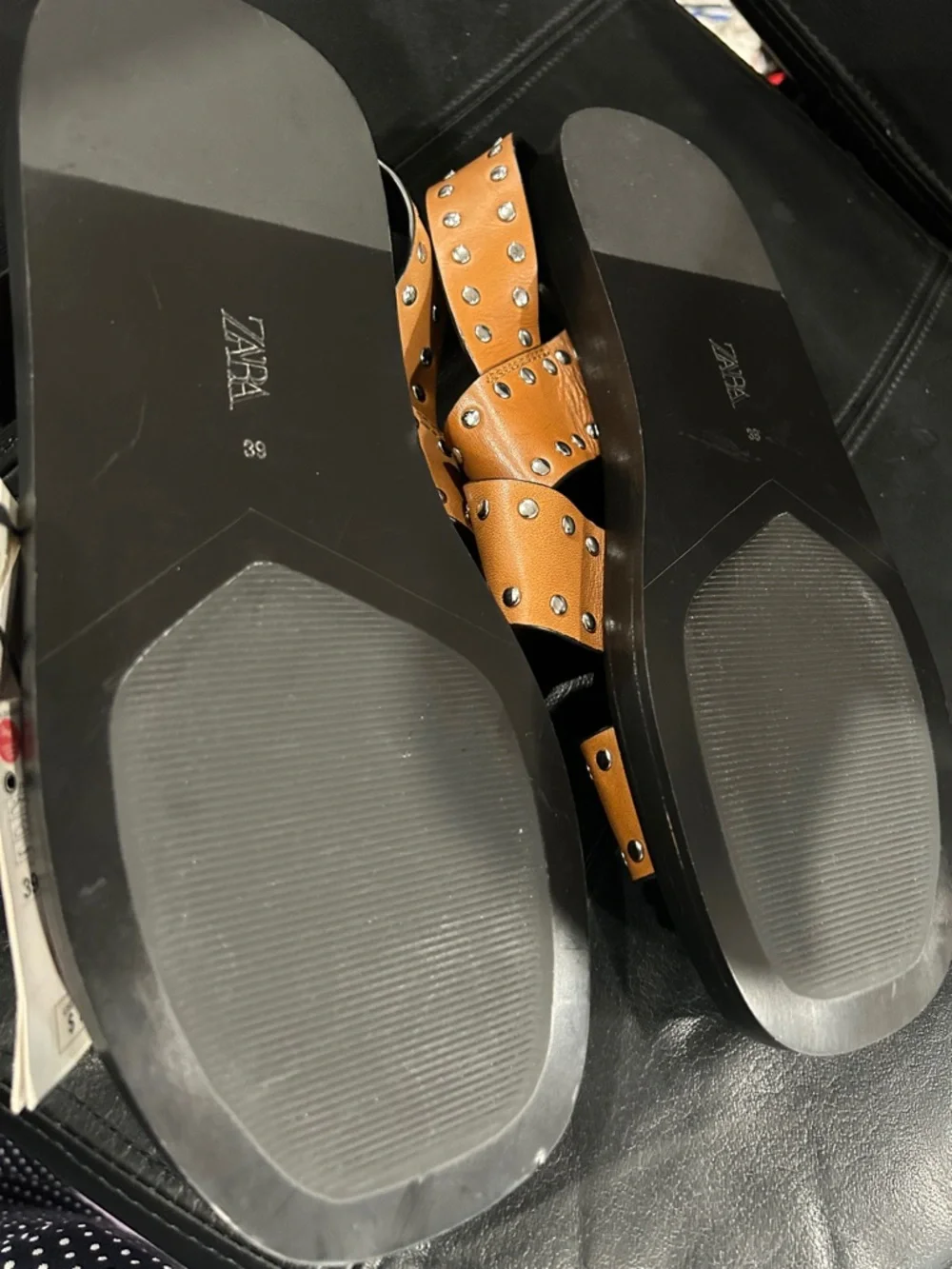 Zara Brown Sandals with Silver Stud Accents Black sole. NWT - Picture 8 of 9
